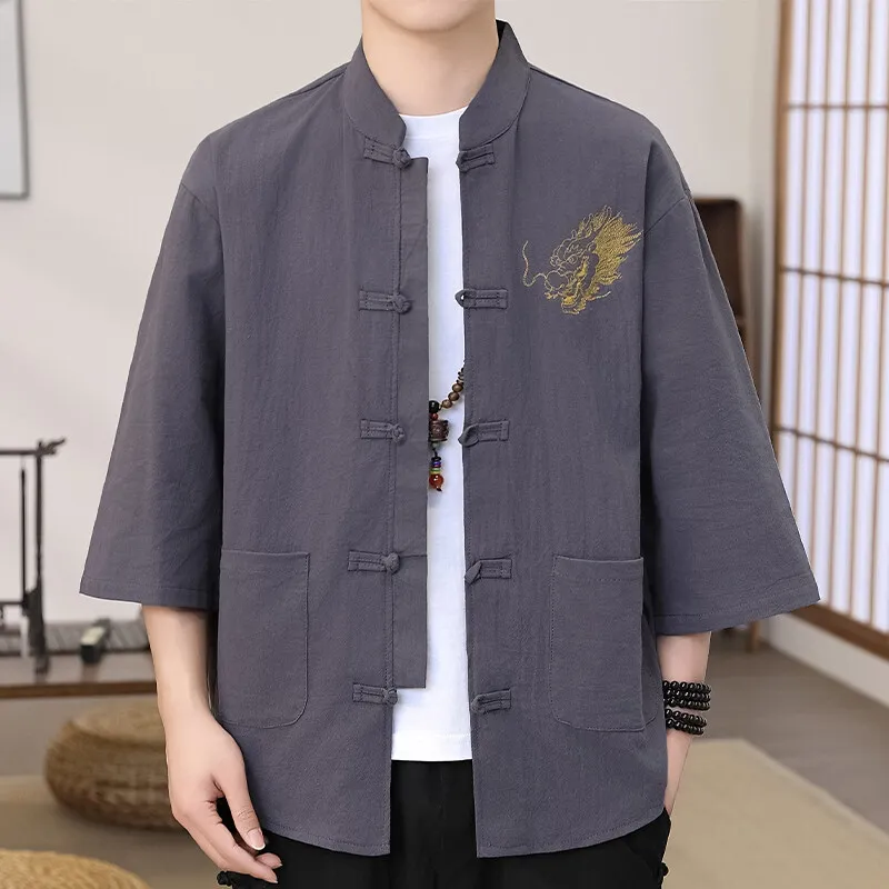 Trendy Dragon Embroidered Linen Shirt: Men's 3/4 Sleeve Mandarin Collar Pullover - Image 5