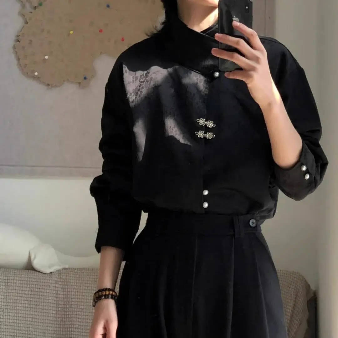 Modern Retro National Style Men's Shirt: Satin Jacquard Stand Collar with Metal Plate Buttons - Image 2