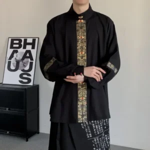 Men's Classic Black Chinese Tunic: Embroidered Mandarin Collar Long Sleeve Shirt for Traditional Streetwear
