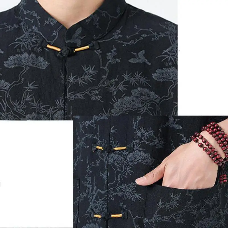 Modern Chinese Mandarin Collar Shirt: Lightweight Linen-Blend Summer Top with Oriental Print - Image 6