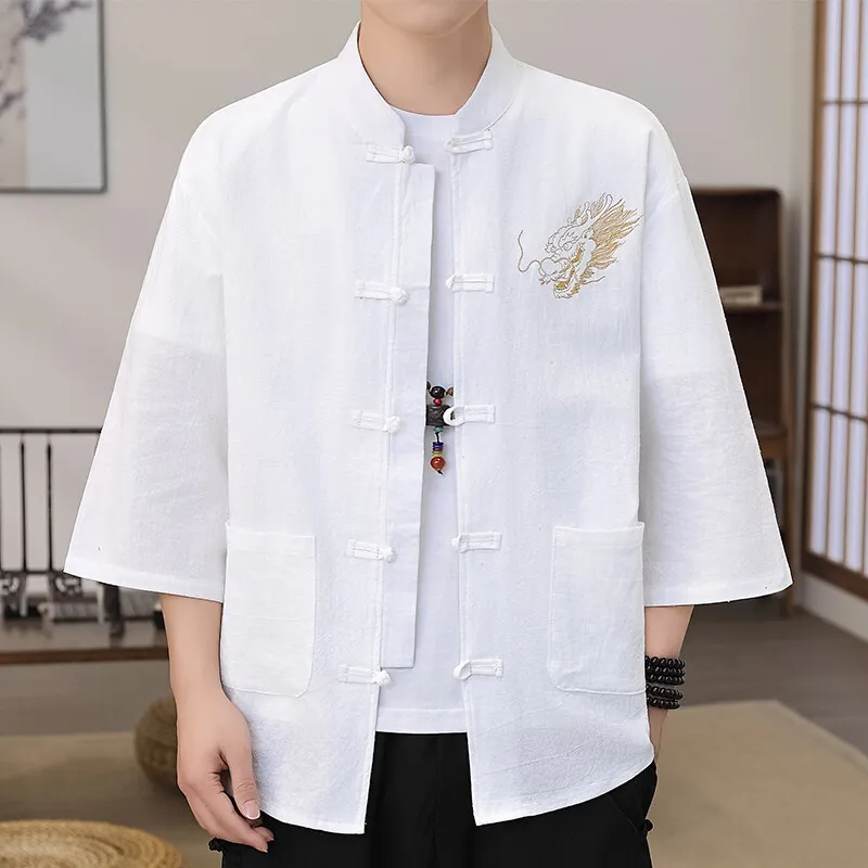 Trendy Dragon Embroidered Linen Shirt: Men's 3/4 Sleeve Mandarin Collar Pullover - Image 3