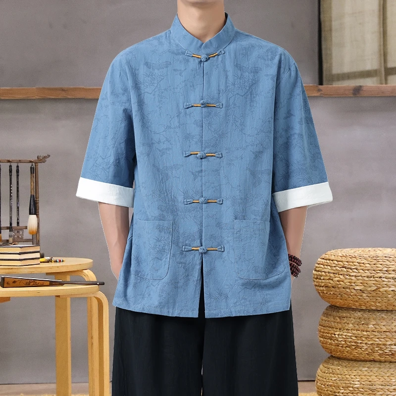 Modern Chinese Mandarin Collar Shirt: Lightweight Linen-Blend Summer Top with Oriental Print - Image 2