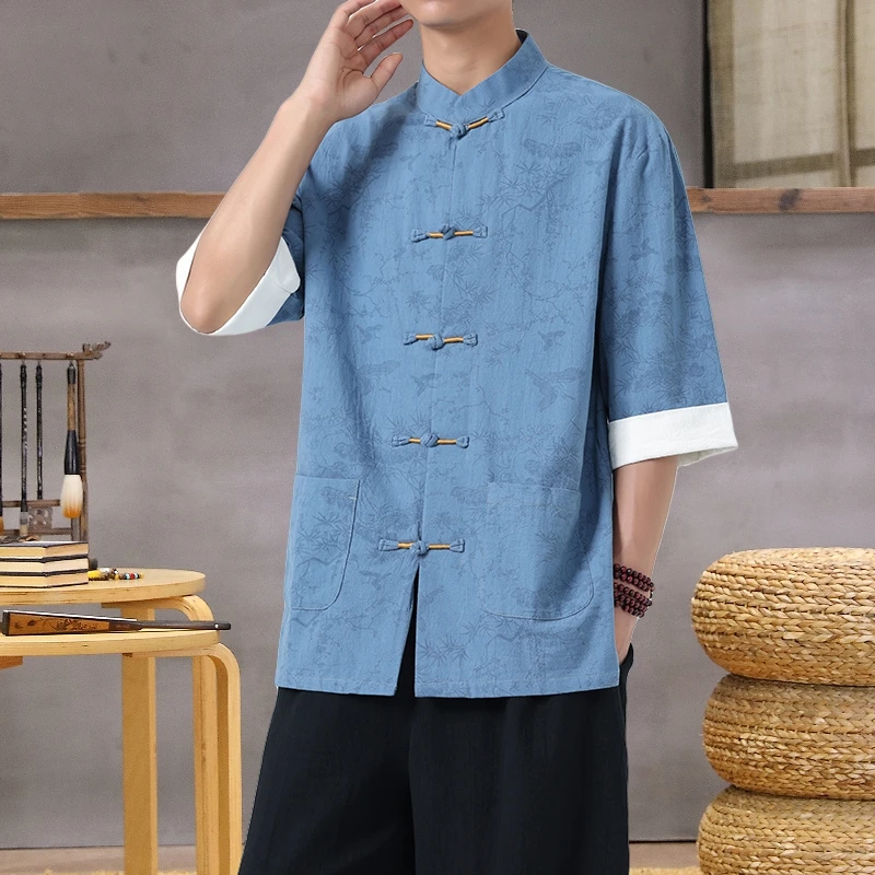 Modern Chinese Mandarin Collar Shirt: Lightweight Linen-Blend Summer Top with Oriental Print - Image 5