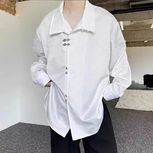Modern Retro National Style Men's Shirt: Satin Jacquard Stand Collar with Metal Plate Buttons - Image 4