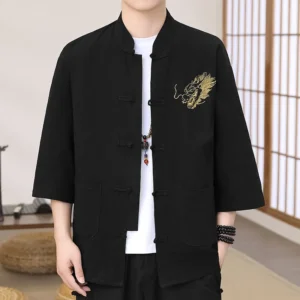 Trendy Dragon Embroidered Linen Shirt: Men's 3/4 Sleeve Mandarin Collar Pullover