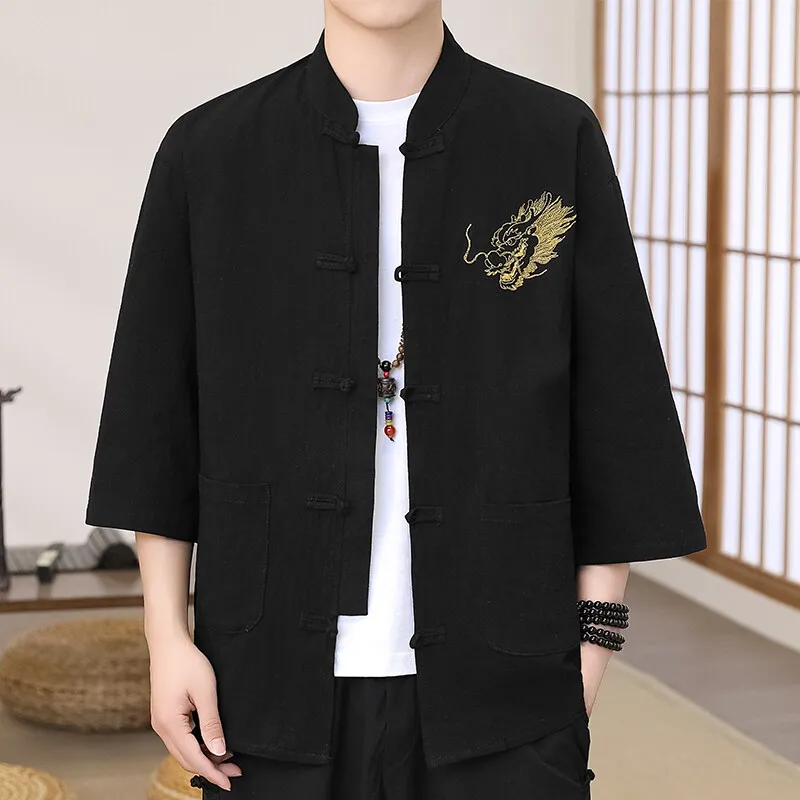 Trendy Dragon Embroidered Linen Shirt: Men's 3/4 Sleeve Mandarin Collar Pullover