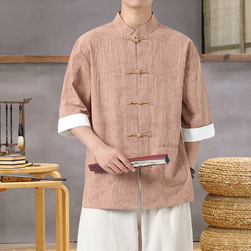 Modern Chinese Mandarin Collar Shirt: Lightweight Linen-Blend Summer Top with Oriental Print - Image 4