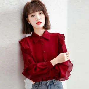 Elegant Korean Style Ruffle Chiffon Blouse: Slim-Fit Long Sleeve Shirt for Spring & Summer