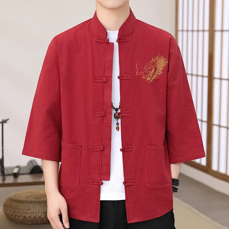 Trendy Dragon Embroidered Linen Shirt: Men's 3/4 Sleeve Mandarin Collar Pullover - Image 4