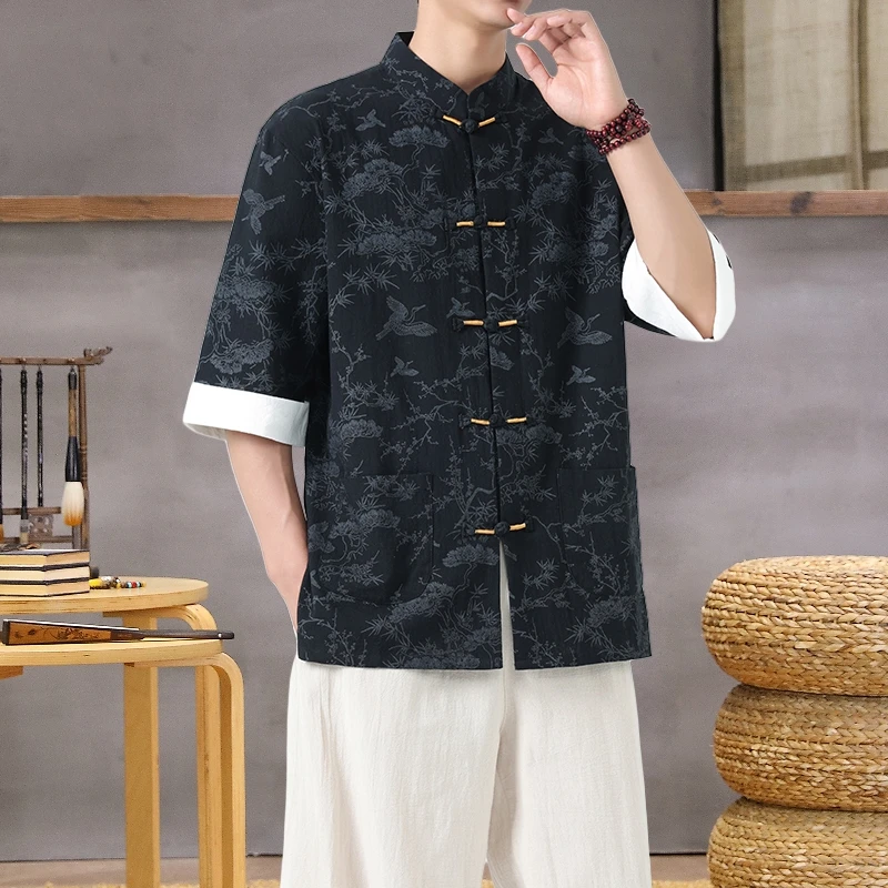 Modern Chinese Mandarin Collar Shirt: Lightweight Linen-Blend Summer Top with Oriental Print - Image 3