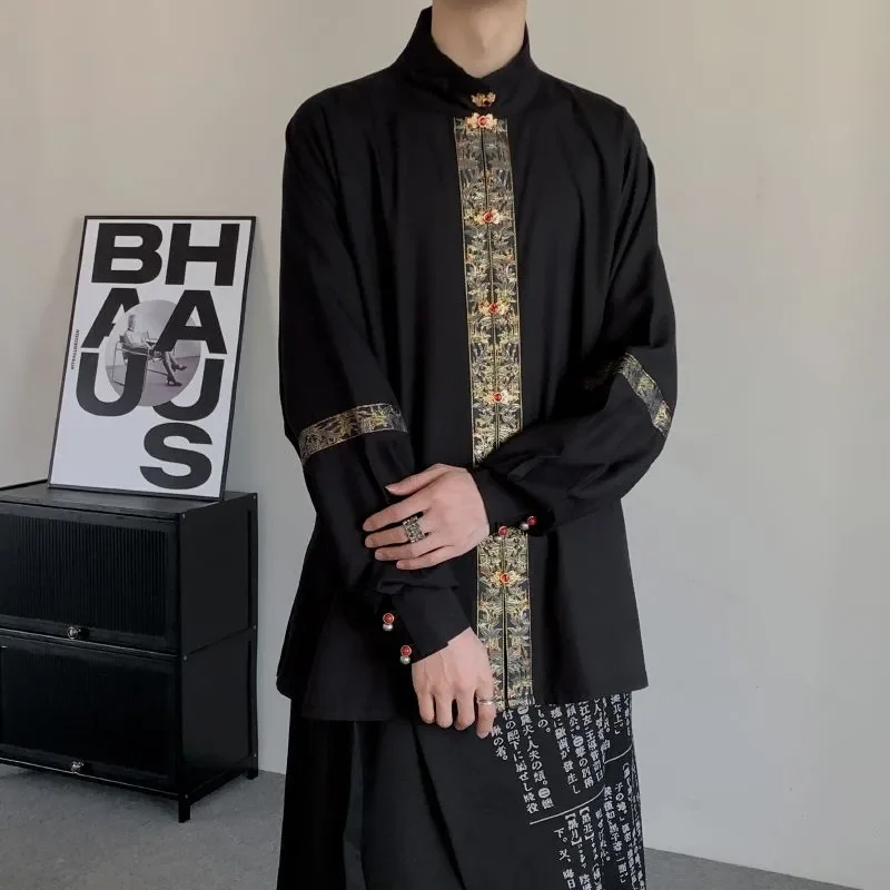 Men's Classic Black Chinese Tunic: Embroidered Mandarin Collar Long Sleeve Shirt for Traditional Streetwear - Image 2