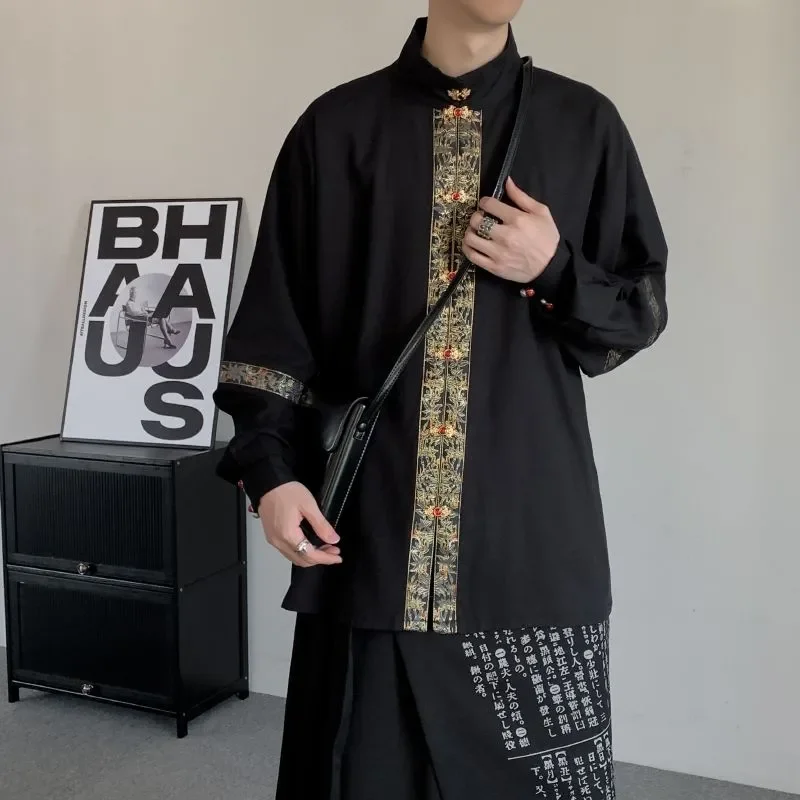 Men's Classic Black Chinese Tunic: Embroidered Mandarin Collar Long Sleeve Shirt for Traditional Streetwear - Image 3