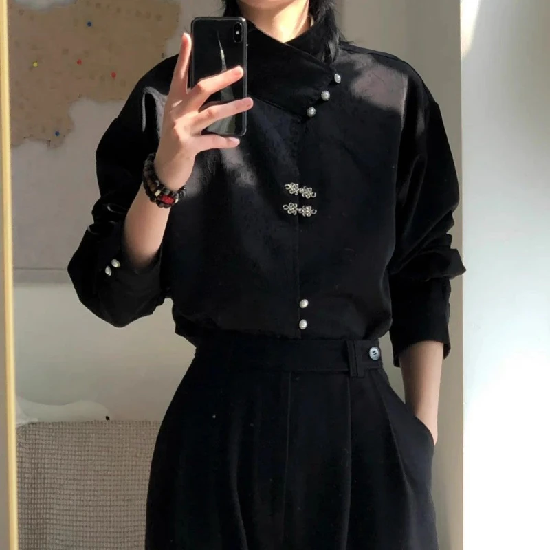 Modern Retro National Style Men's Shirt: Satin Jacquard Stand Collar with Metal Plate Buttons