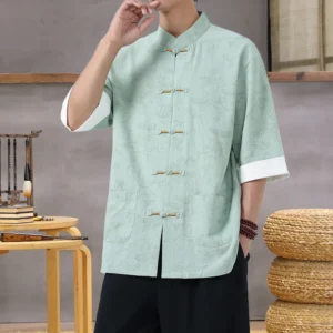 Modern Chinese Mandarin Collar Shirt: Lightweight Linen-Blend Summer Top with Oriental Print