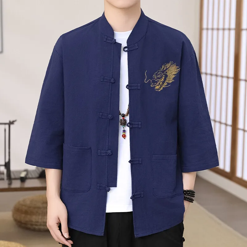 Trendy Dragon Embroidered Linen Shirt: Men's 3/4 Sleeve Mandarin Collar Pullover - Image 2