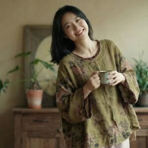 Artisan "Ink & Zen" Asymmetric Cotton Tunic: Vintage Chinese Floral Long Sleeve Top