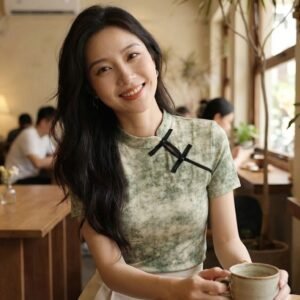 "Modern Heritage" Pearl-Knit Tee: New Chinese Style Geometric Top with Artisan Button Accents