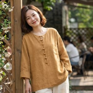 "Zen Minimalism" Ramie-Cotton Artisan Blouse: Vintage Chinese Style Long Sleeve Top