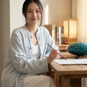 "Silent Flow" Oversized Linen-Cotton Tunic: Minimalist Mandarin Collar Raglan Shirt