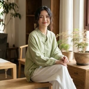 "Fluid Zen" Lyocell-Cotton Soft Tunic: Oversized Mandarin Collar Blouse with Raglan Sleeves