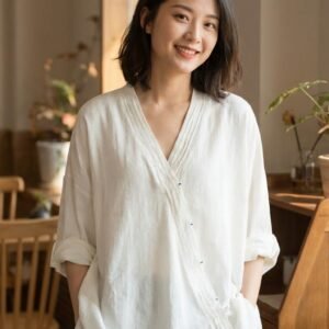 "Effortless Breeze" Linen-Cotton V-Neck Pullover: Minimalist Raglan Sleeve Oversized Summer Top