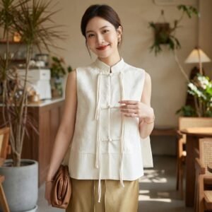 Neo-Heritage Jacquard Cheongsam Vest: Sleeveless Mandarin Collar Waistcoat with Vintage Plate Buckles