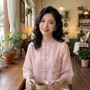 SinoStreetLab Signature Embroidered Chiffon Blouse: Beaded Mandarin Collar & Flare Sleeve Top