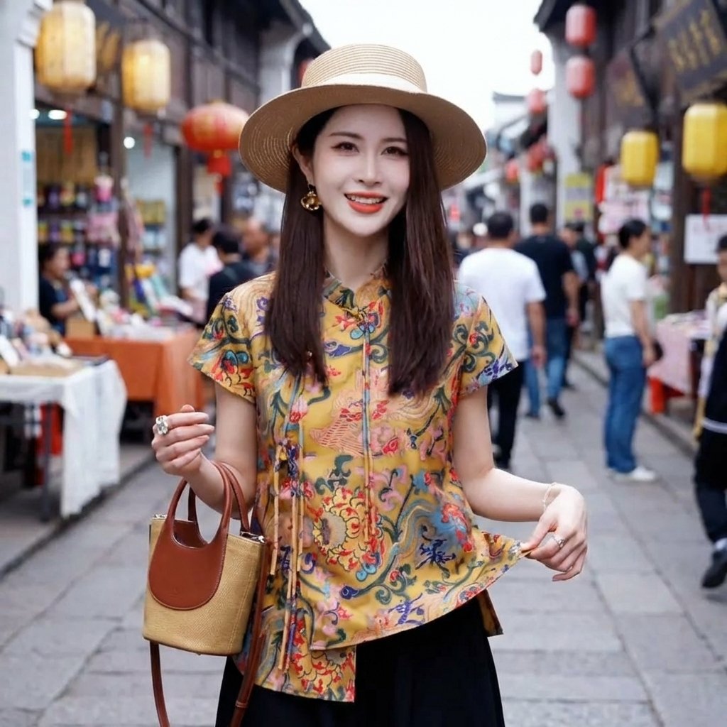 Premium Olive Print Mandarin Collar Blouse: Elegant Short-Sleeve Chinese Heritage Top - Image 2