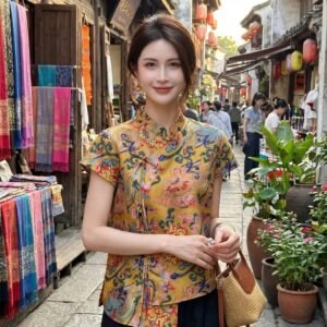 Premium Olive Print Mandarin Collar Blouse: Elegant Short-Sleeve Chinese Heritage Top