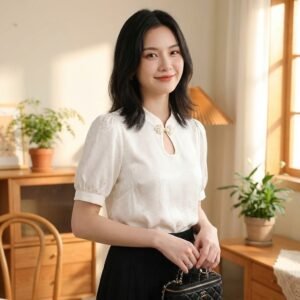 SinoStreetLab Classic: Retro Puff Sleeve Embroidered Top with Rhinestone Accents