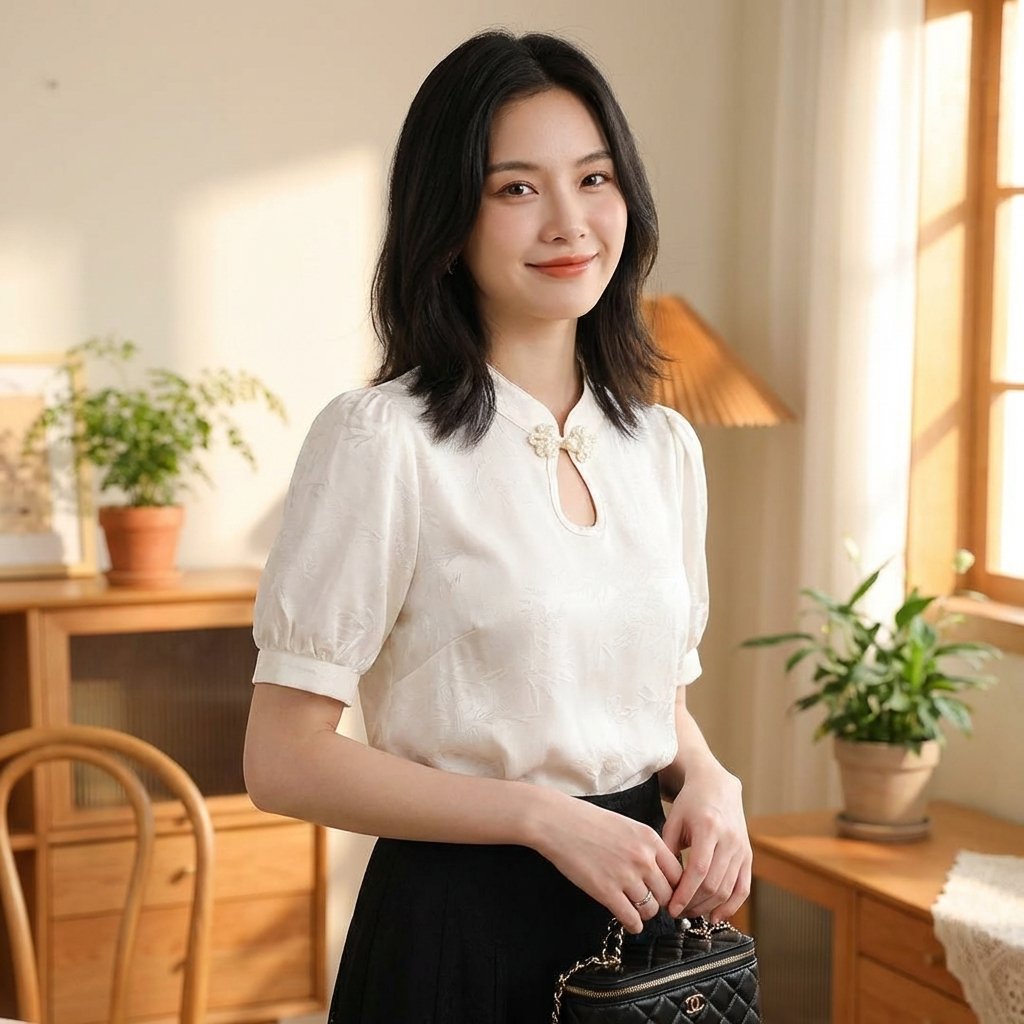 SinoStreetLab Classic: Retro Puff Sleeve Embroidered Top with Rhinestone Accents