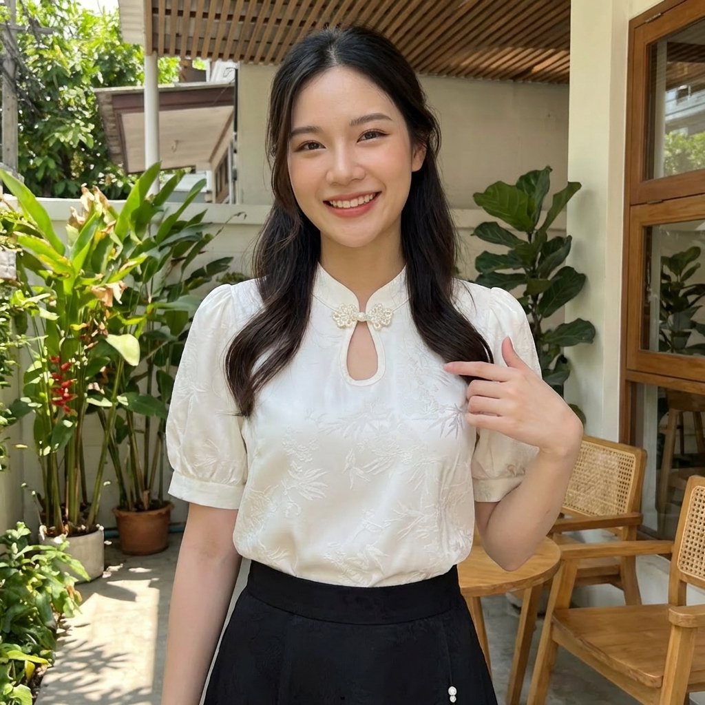 SinoStreetLab Classic: Retro Puff Sleeve Embroidered Top with Rhinestone Accents - Image 5