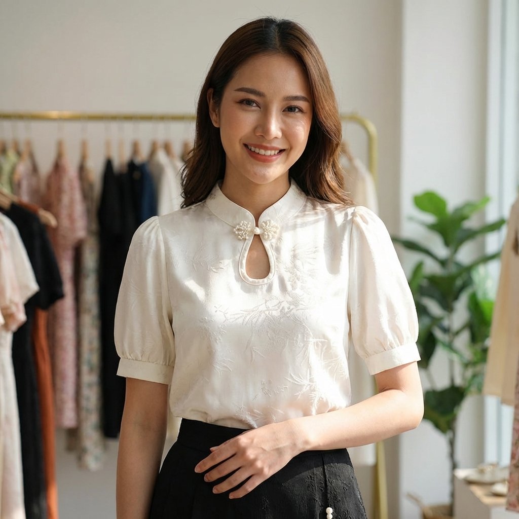 SinoStreetLab Classic: Retro Puff Sleeve Embroidered Top with Rhinestone Accents - Image 6