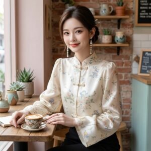 Women's New Chinese Style Floral Sheer Blouse Mandarin Collar Frog Button Long-Sleeve Top