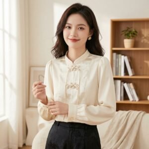 SinoStreetLab "Cloud Whisper" Ruffled Blouse: Korean Cottagecore Lantern Sleeve Button-Down Top