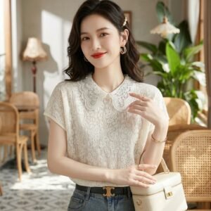 SinoStreetLab "Coastal Charm" Crochet Knit Top: Retro Doll Collar Hollow-Out Summer Shirt