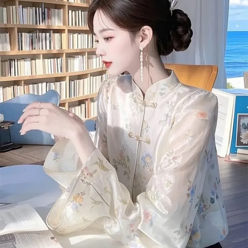 Women's New Chinese Style Floral Sheer Blouse Mandarin Collar Frog Button Long-Sleeve Top - Image 6