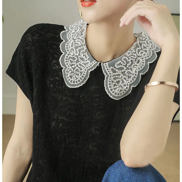 SinoStreetLab "Coastal Charm" Crochet Knit Top: Retro Doll Collar Hollow-Out Summer Shirt - Image 6
